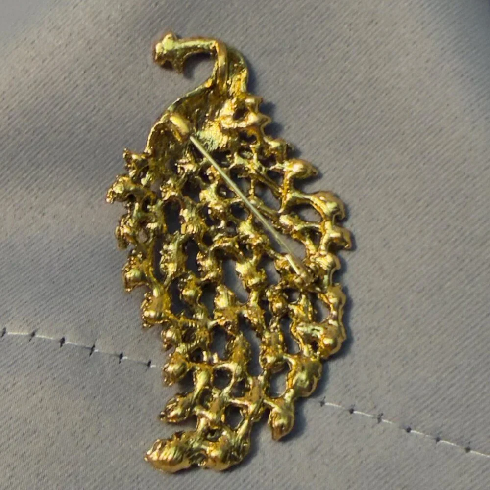 Feather Brooch Blue Rhinestone Openwork Gold Tone 3" Statement - Picture 6 of 8